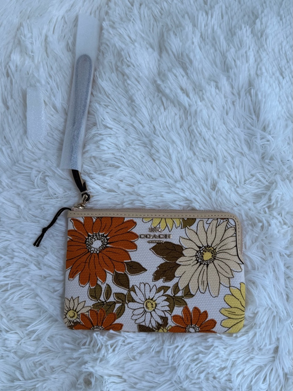 Coach Floral Zip Wristlet in White Multi with Orange and Yellow Blooms